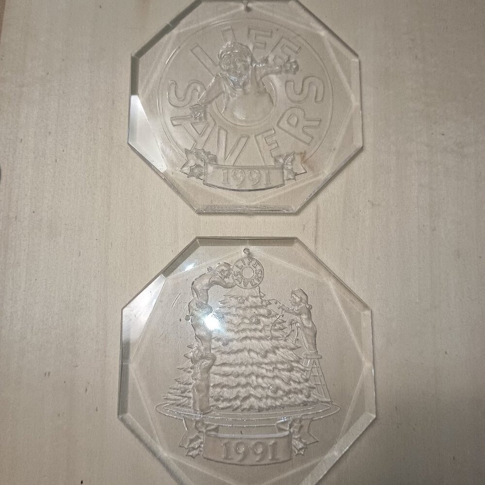 Two Vintage Planters Lifesavers Co Clear Acrylic 1991 Christmas Ornaments